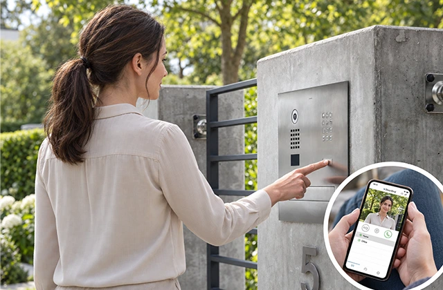 Žena koristi DoorBird portafon s obavijesti na mobitelu