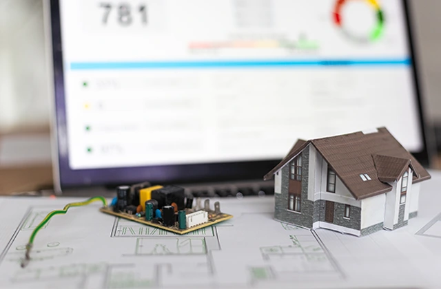 Smart home design – house model, electronics and a tablet with visualisation
